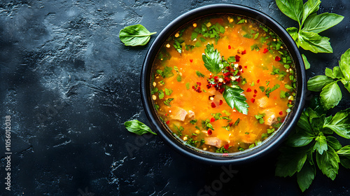 Overhead View of Classic Hungarian Meat Soup Jelly, Featuring Clear Broth and Garnished with Fresh Parsley and Chili for Visual Delight