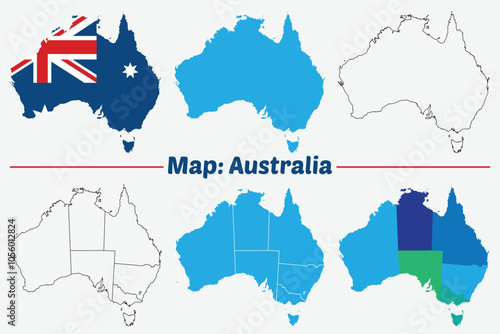 Australia country map set. internal provinces borders marked, Simple map of Australia vector drawing, Filled and outline.