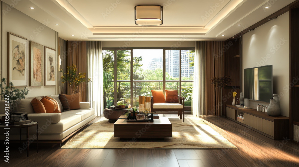 Modern living room featuring large windows, vibrant greenery, and tasteful decor in an urban apartment during daylight Modern living room featuring large windows, vibrant greenery, and tasteful decor in an urban apartment during daylight
