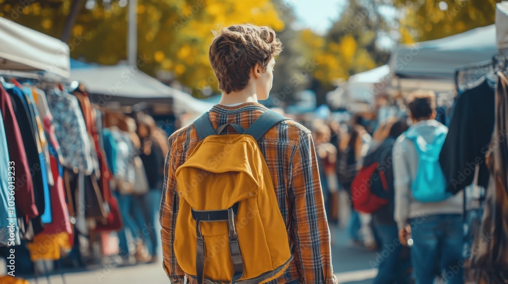 Fototapeta premium Young Man Exploring a Bustling Outdoor Market in Autumn for Urban Adventure. Generative ai