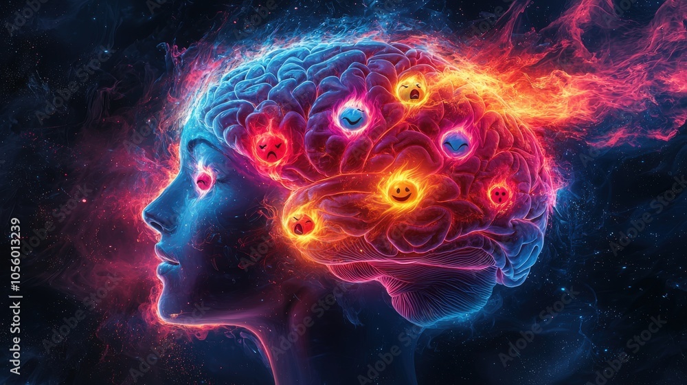 A vibrant depiction of emotions represented in a human brain at night A vibrant depiction of emotions represented in a human brain at night