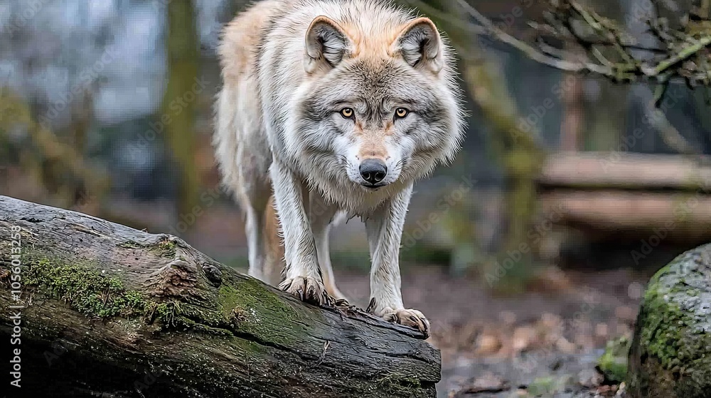 A grey wolf stands on a fallen log in the woods, looking directly at the camera. A grey wolf stands on a fallen log in the woods, looking directly at the camera.