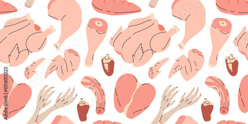 Chicken meat part seamless pattern, parts of carcass, brisket wing, fillet, legs, heart, neck, feet, whole chicken. vector Illustrations on a white background