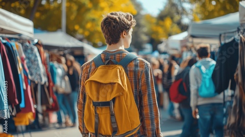 Young Man Exploring a Bustling Outdoor Market in Autumn for Urban Adventure. Generative ai