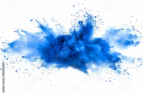 Blue powder explosion on a white background, with a splash of blue color and a white space in the center of the image