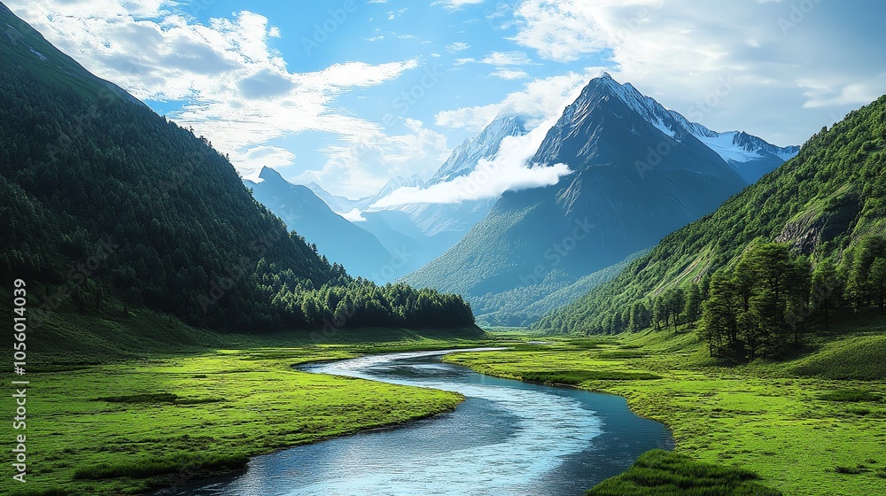 Fototapeta premium Scenic mountain valley with river view.