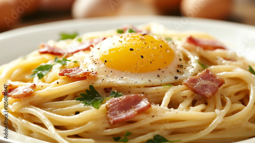 Perfect Carbonara with Bacon and Egg Yolk on Top