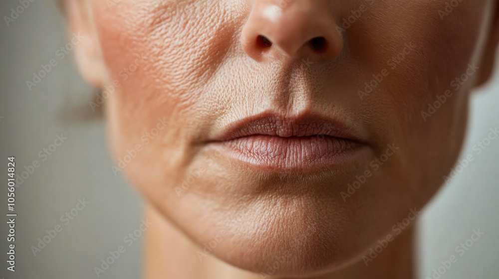 Close-up view of a woman's face highlighting natural skin texture and healthy lips in soft indoor lighting at home Close-up view of a woman's face highlighting natural skin texture and healthy lips in soft indoor lighting at home