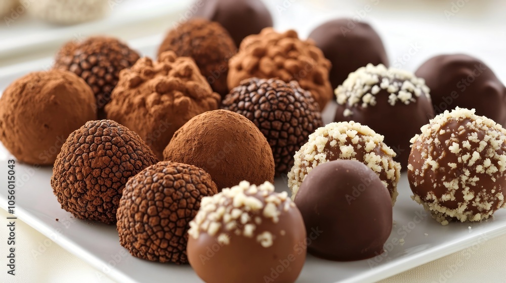 Assorted chocolate truffles on a white plate. Assorted chocolate truffles on a white plate.