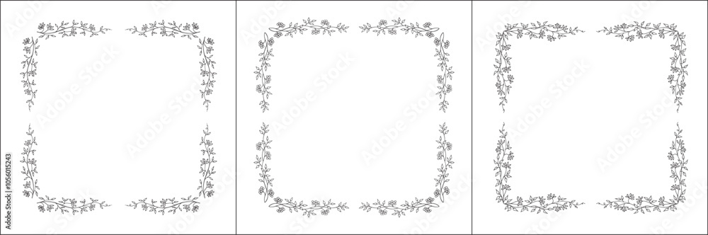Set of three vector decorative frames, vegetal ornamental frame with berries, decorative border, corners for greeting cards, banners, business cards, invitations. Isolated vector illustration. Set of three vector decorative frames, vegetal ornamental frame with berries, decorative border, corners for greeting cards, banners, business cards, invitations. Isolated vector illustration.
