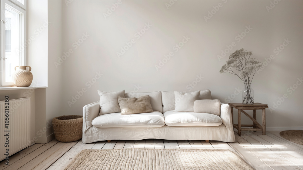 Pure and Simple Scandinavian Living Room with White Sofa and Minimal Decor Pure and Simple Scandinavian Living Room with White Sofa and Minimal Decor