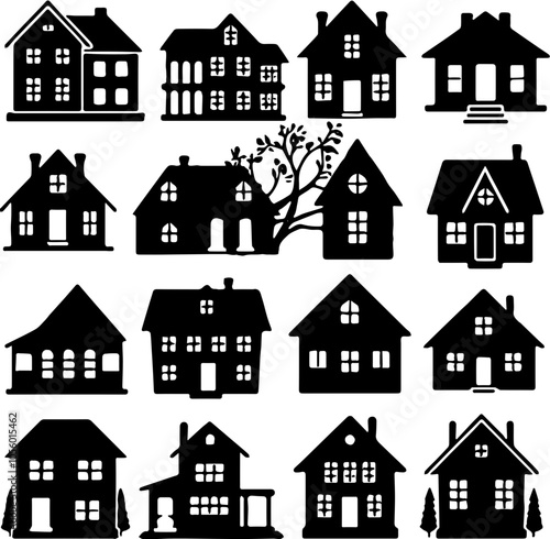 Vector Illustration of Diverse House Silhouettes Collection, Real Estate Concepts, Architecture Icons, Urban and Rural Housing, Homeownership, Property Investment, Residential Design Elements