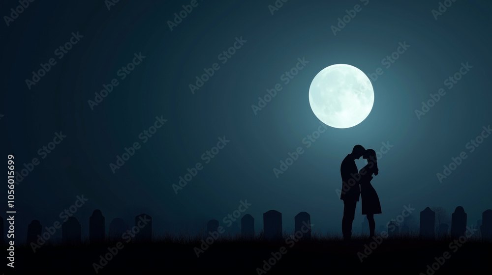 Silhouette of a romantic couple kissing under a full moon in a serene night sky, with gravestones visible in the background. Silhouette of a romantic couple kissing under a full moon in a serene night sky, with gravestones visible in the background.