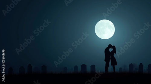 Silhouette of a romantic couple kissing under a full moon in a serene night sky, with gravestones visible in the background.