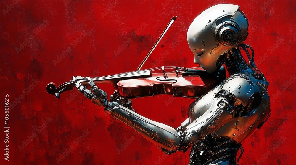 Fototapeta premium a robot girl playing the violin on red background