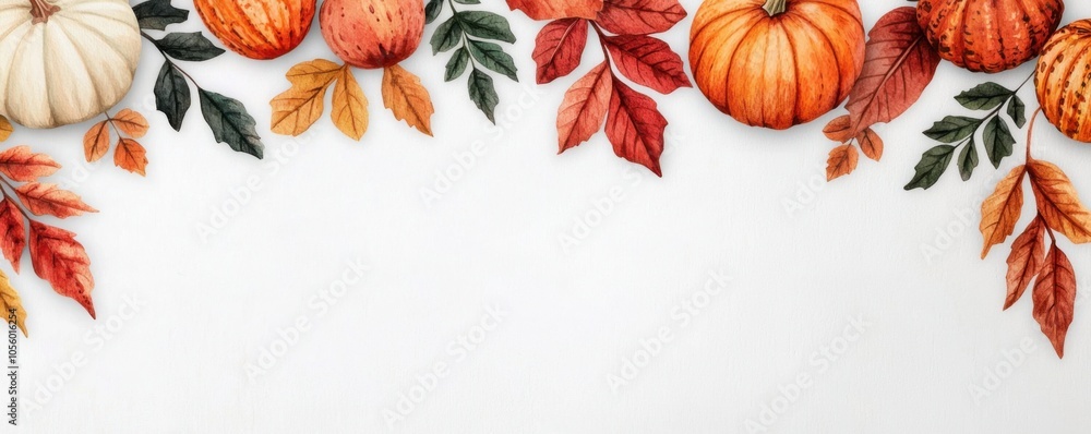 Obraz premium Colorful pumpkins and autumn leaves on a white background.