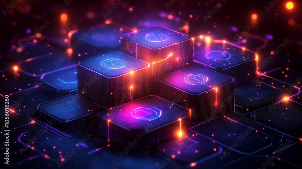 Stacked glowing digital blocks with neon purple and orange lights Stacked glowing digital blocks with neon purple and orange lights
