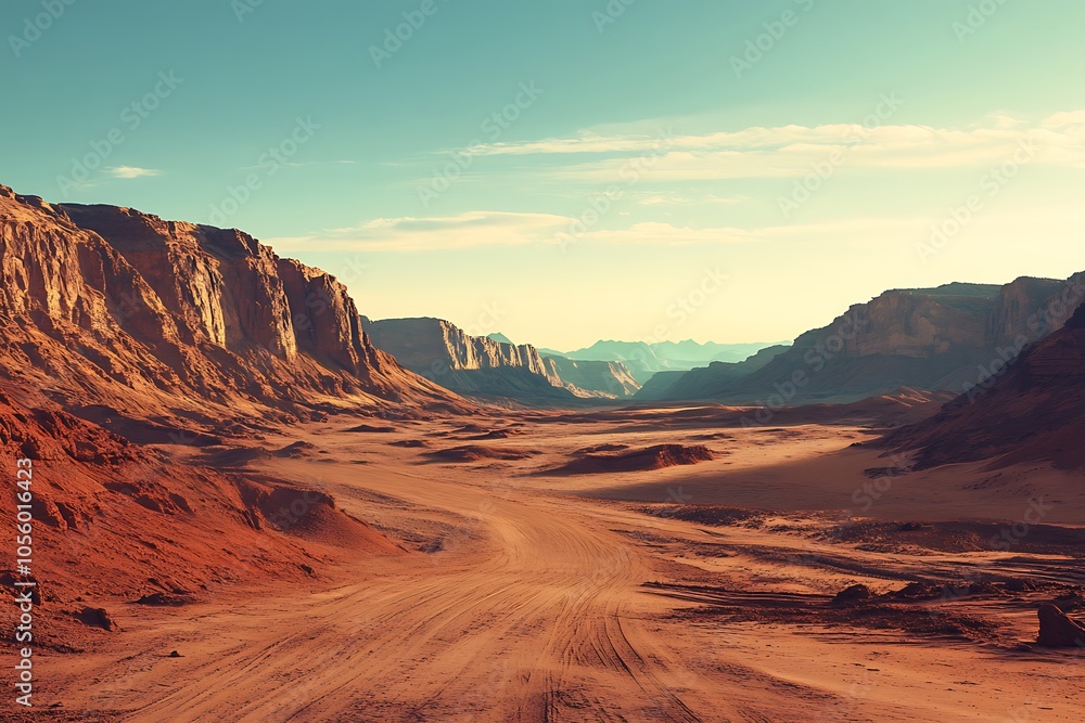 Naklejka premium Monument Valley's scenic drive road leads into rugged terrain , framed by vibrant blue skies with white puffy clouds.