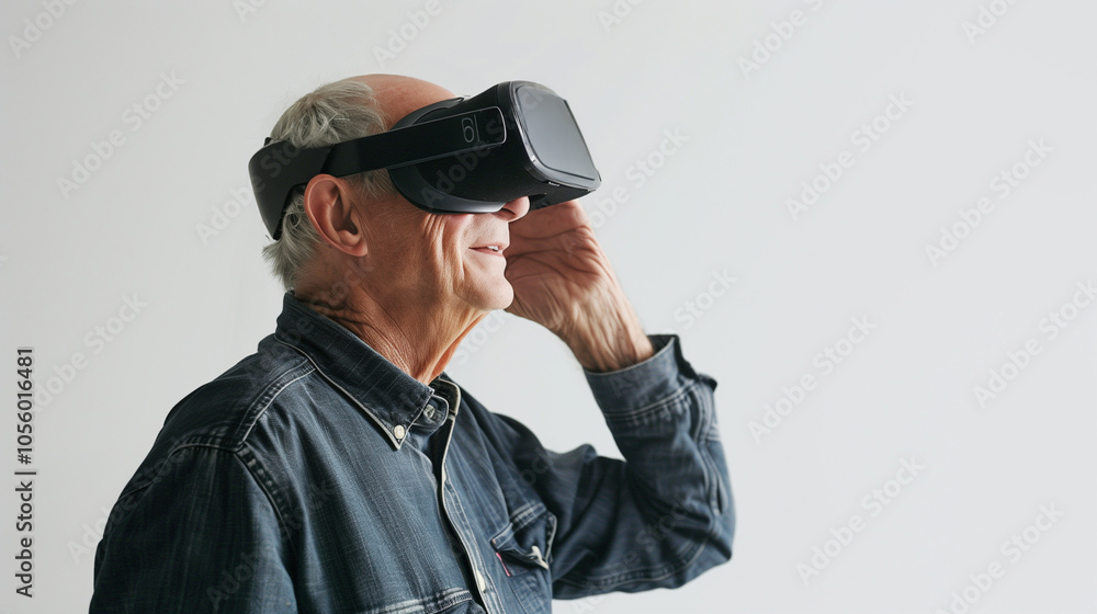 Senior Man Exploring Virtual Reality with Headset Senior Man Exploring Virtual Reality with Headset