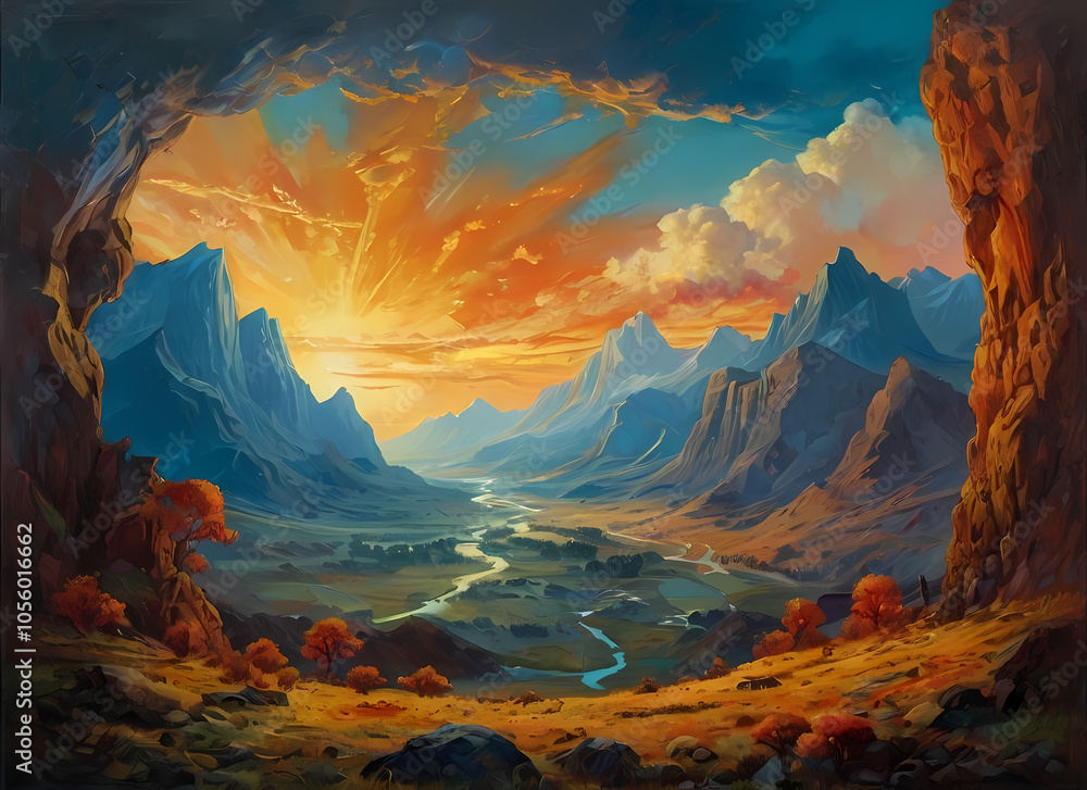 Obraz premium A grand, sweeping landscape depicting an extraordinary, larger-than-life scene, with vibrant colors and dramatic lighting, evoking a sense of awe and wonder, perhaps featuring majestic mountains, vast