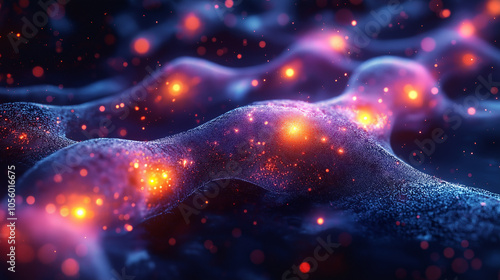 Abstract digital surface with glowing orange particles and curves