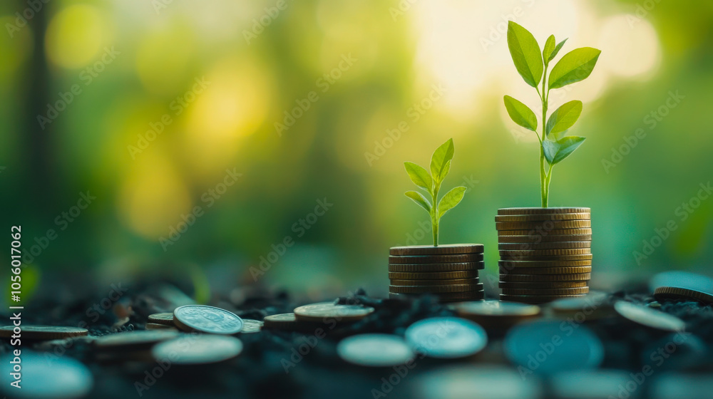 New ventures grow with investment in nature as small plants sprout from stacks of coins in sunlight New ventures grow with investment in nature as small plants sprout from stacks of coins in sunlight