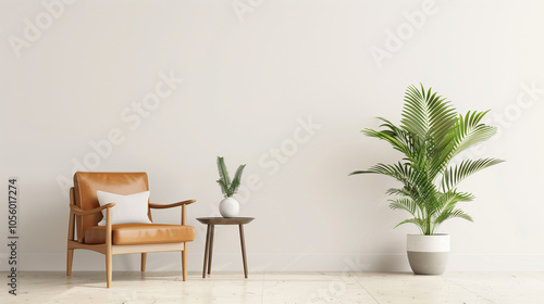 Minimalist Living Space with Leather Armchair, Side Table, and Potted Plant