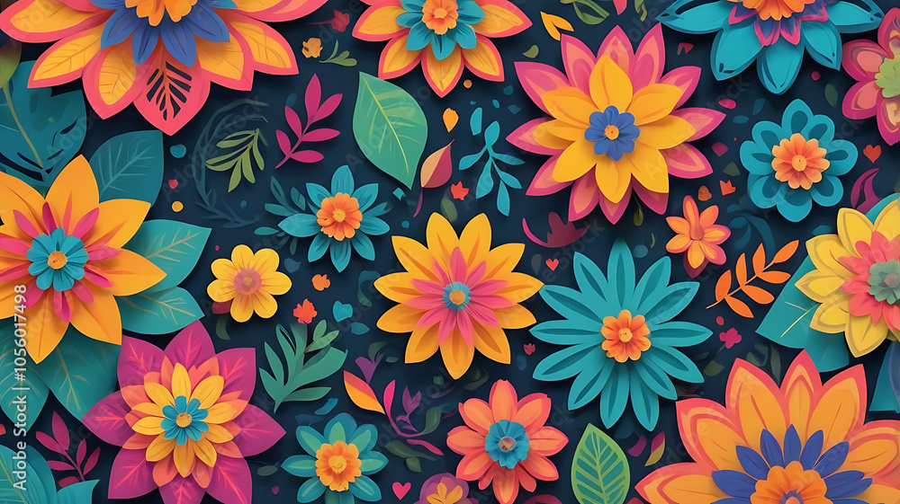 Papel Picado-Inspired Abstract Background with Bright Floral Cut-Out Patterns Papel Picado-Inspired Abstract Background with Bright Floral Cut-Out Patterns