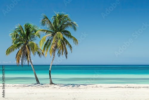 Two palm trees on a tropical beach with the ocean behind