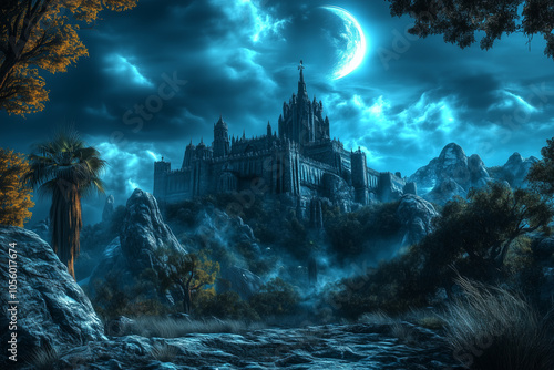 Ancient medieval castle illuminated by moonlight background.