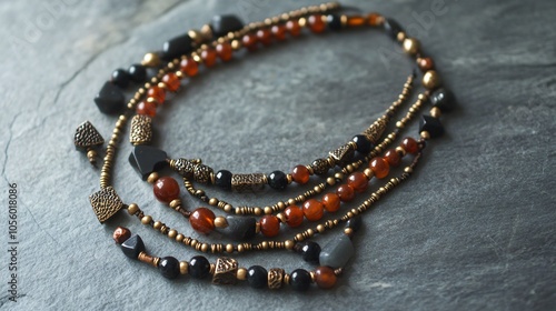 Amberstone and onyx layered necklace, isolated on a gray stone surface, with bronze beads and geometric shapes