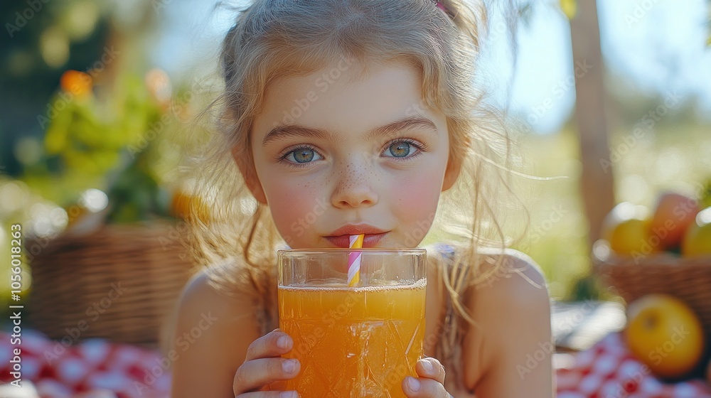 A little girl with blonde hair and blue eyes sits on a red and white checkered picnic blanket and drinks orange juice from a glass with a straw. A little girl with blonde hair and blue eyes sits on a red and white checkered picnic blanket and drinks orange juice from a glass with a straw.