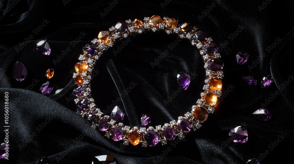Fototapeta premium Amberstone bracelet with amethyst accents, isolated on a black velvet, with scattered amethyst crystals and silver dust
