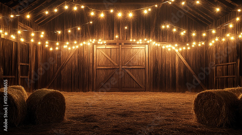 Rustic Barn Interior with Hay Bales and String Lights