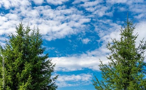 Spruce trees against the background of a blue sky with white clouds