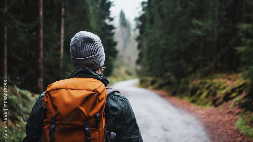 A person hiking along a winding forest path, surrounded by tall trees and autumn foliage in a tranquil natural setting A person hiking along a winding forest path, surrounded by tall trees and autumn foliage in a tranquil natural setting