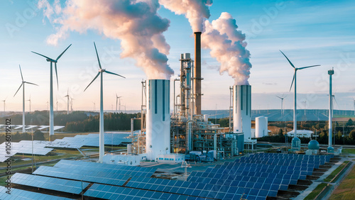 An advanced industrial complex generating green hydrogen, with sleek towers emitting pure steam, encircled by solar and wind energy sources.