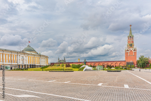 Photography Spasskaya Tower viewed inside Kremlin, Moscow, Russia.