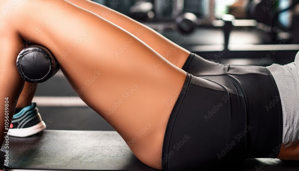 Closeup of thighs of a beautiful woman lying on the bench in a gym Closeup of thighs of a beautiful woman lying on the bench in a gym