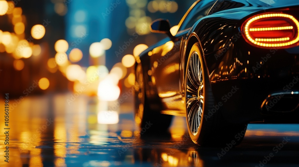 Sleek black car gliding through a vibrant cityscape at night with glowing lights and reflections Sleek black car gliding through a vibrant cityscape at night with glowing lights and reflections