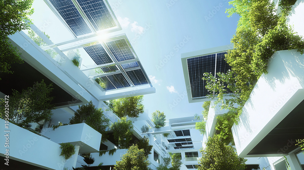 Fototapeta premium Modern Sustainable Architecture with Rooftop Solar Panels and Green Spaces