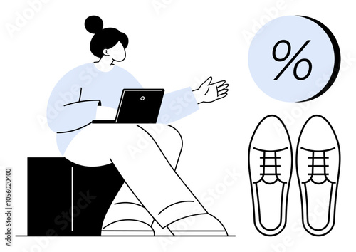 Woman sitting with laptop, gesturing towards percentage sign and pair of shoes. Ideal for online shopping, retail promotions, marketing strategies, e-commerce, sales presentations, business growth