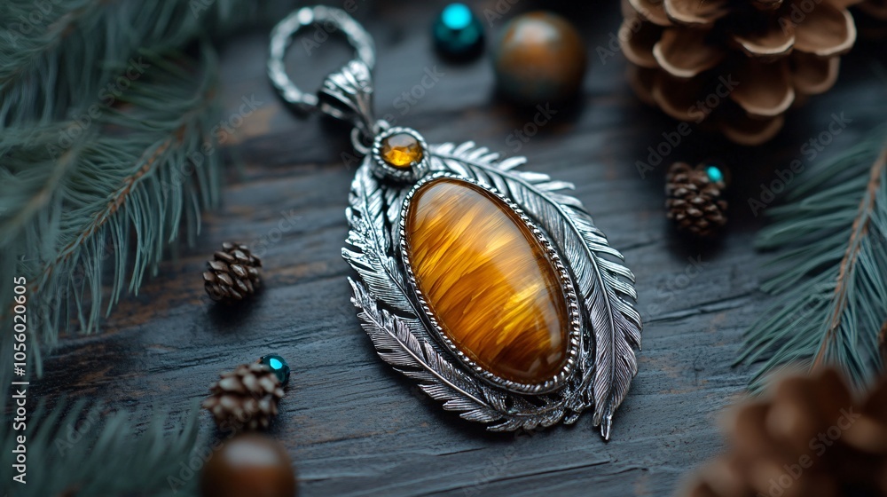 Fototapeta premium Amberstone pendant with silver feathers, isolated on a dark wood surface, accented with small teal gemstones and pinecones