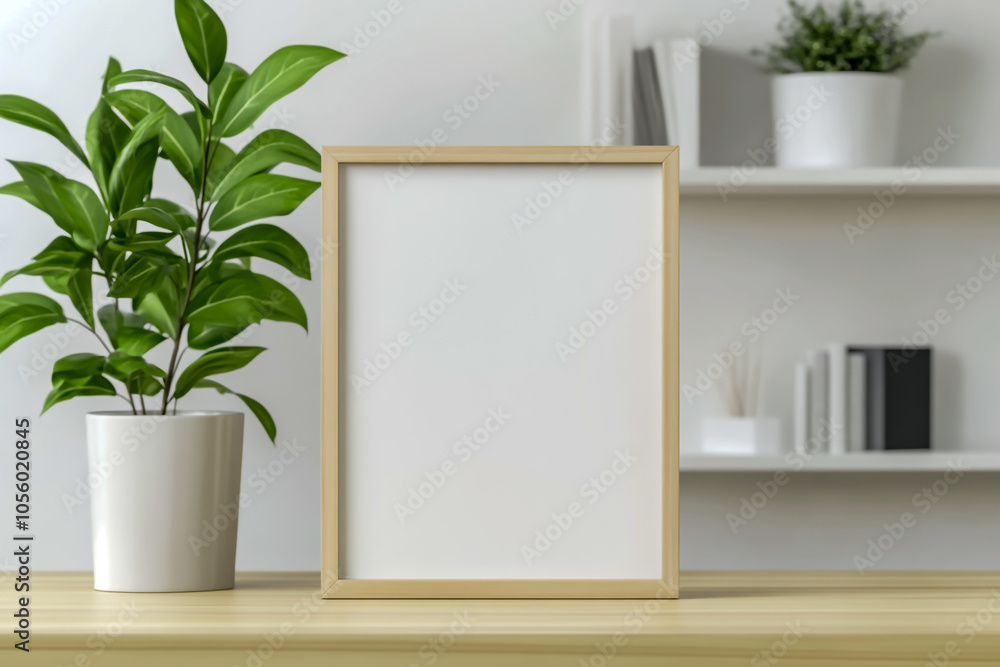 An empty vertical frame on a table mockup, modern home interior design with a green plant and white shelves in the background. An empty vertical frame on a table mockup, modern home interior design with a green plant and white shelves in the background.