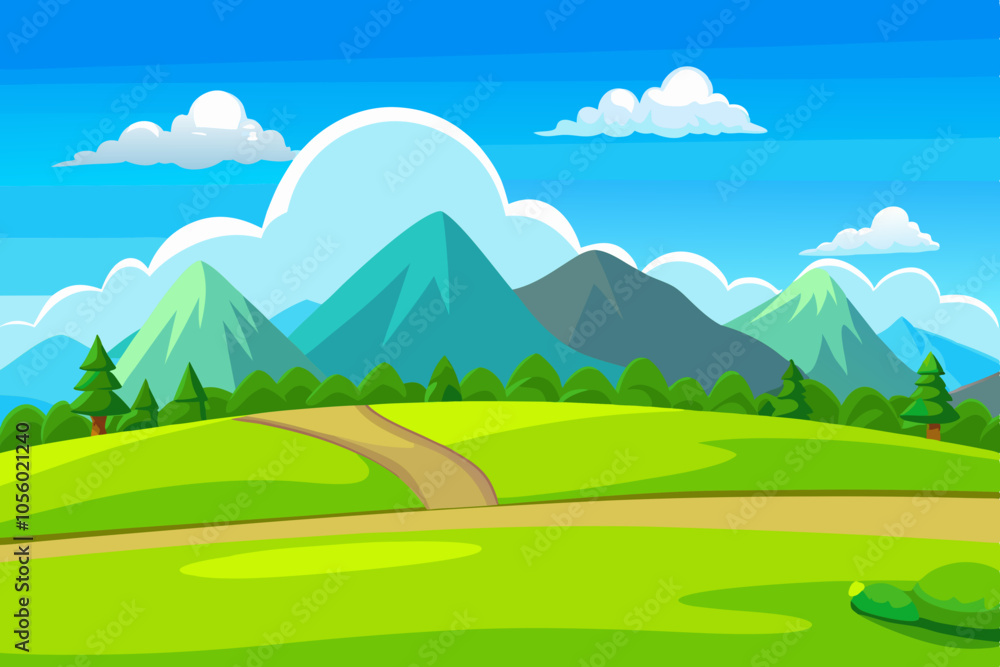 cartoon landscape of green spring fields with mountains in the background cartoon landscape of green spring fields with mountains in the background