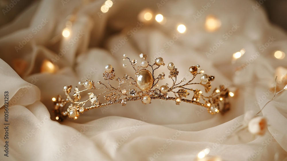 Amberstone tiara with delicate vines, isolated on a cream background, with rosebuds and soft fairy lights Amberstone tiara with delicate vines, isolated on a cream background, with rosebuds and soft fairy lights