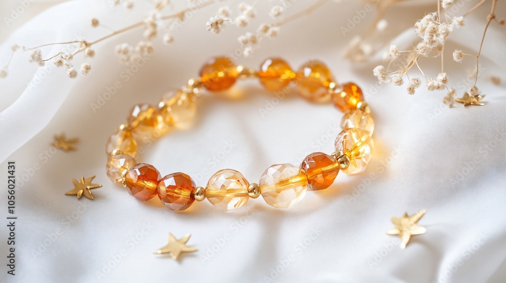 Multi-faceted amberstone charm bracelet, isolated on a white silk background, with tiny gold stars and delicate leaves Multi-faceted amberstone charm bracelet, isolated on a white silk background, with tiny gold stars and delicate leaves