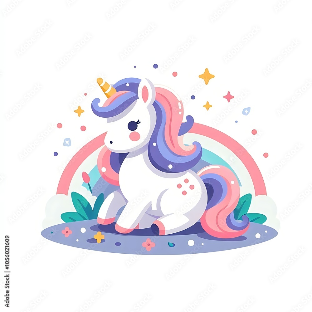 Flat, isolated illustration of a unicorn with a vibrant, rainbow-colored mane and a golden horn. Simple, playful design with smooth lines, perfect for fantasy and magical themes. Flat, isolated illustration of a unicorn with a vibrant, rainbow-colored mane and a golden horn. Simple, playful design with smooth lines, perfect for fantasy and magical themes.