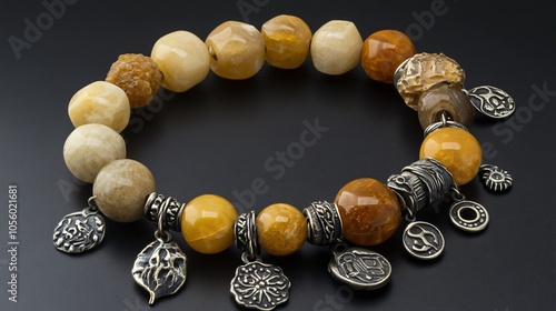 Raw amberstone beaded bracelet, isolated on a black leather background, with an assortment of antique silver charms photo