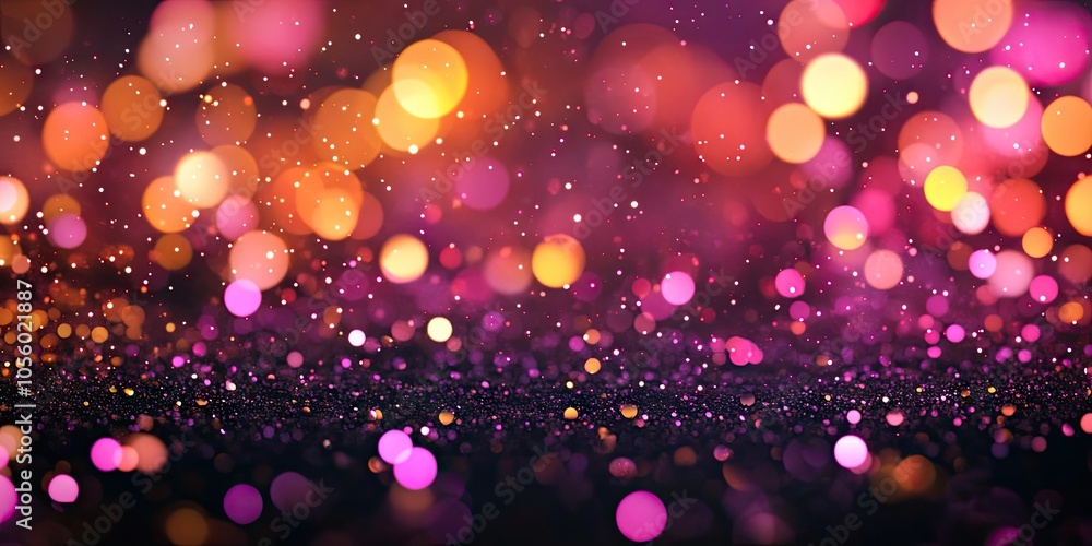 Defocused glitter background with vibrant pink, orange, and black sparkles, perfect for anniversary or party invitations